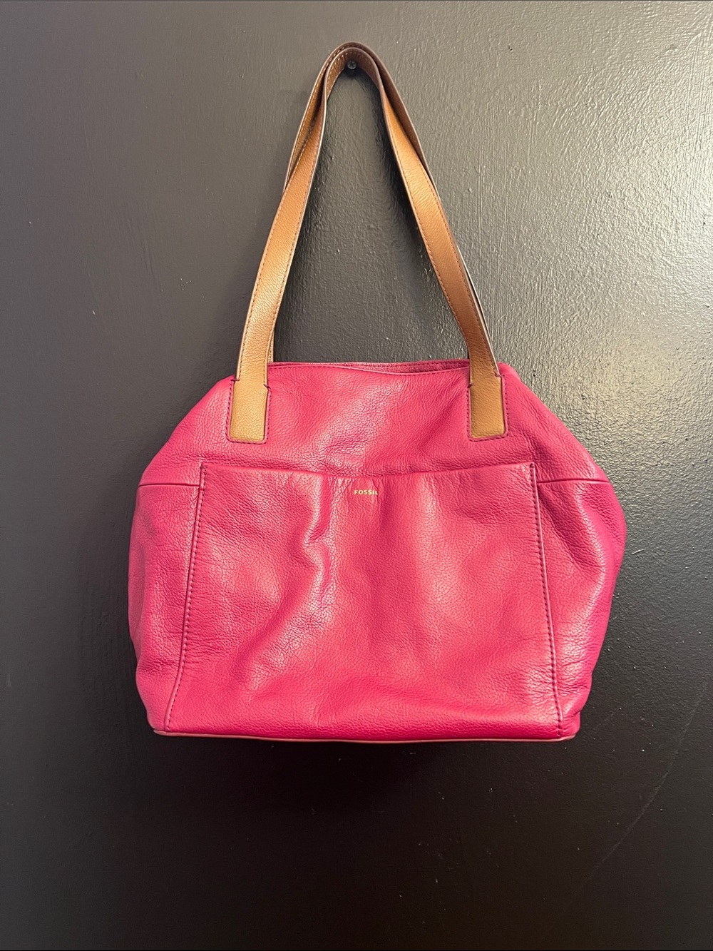 FOSSIL Berry Pink Leather Shoulder Tote with Tan Straps